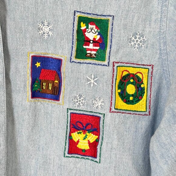 Vtg Christmas Stamps Denim Button Down Shirt Embroidered Holiday Festive Teacher - Picture 5 of 16